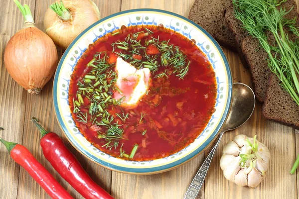 Borsch Sour Cream Garlic Hot Pepper Wooden Table — Stock Photo, Image