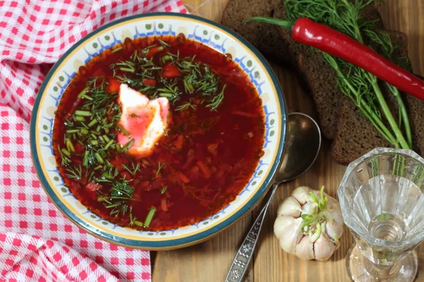 Borsch Sour Cream Garlic Hot Pepper Wooden Table — Stock Photo, Image