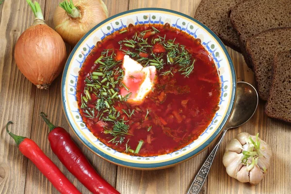 Borsch Sour Cream Garlic Hot Pepper Wooden Table — Stock Photo, Image