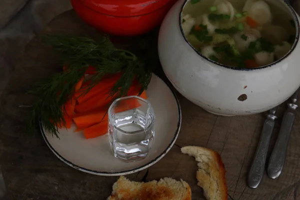 Soup Dumplings Vodka Wooden Table — Stock Photo, Image