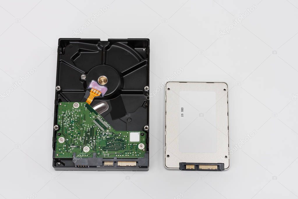 Internal hard drive and solid state drive disk on white 