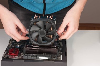 Genç adam yeni, modern oyun anne üzerinde CPU Soğutucu fan yükleme