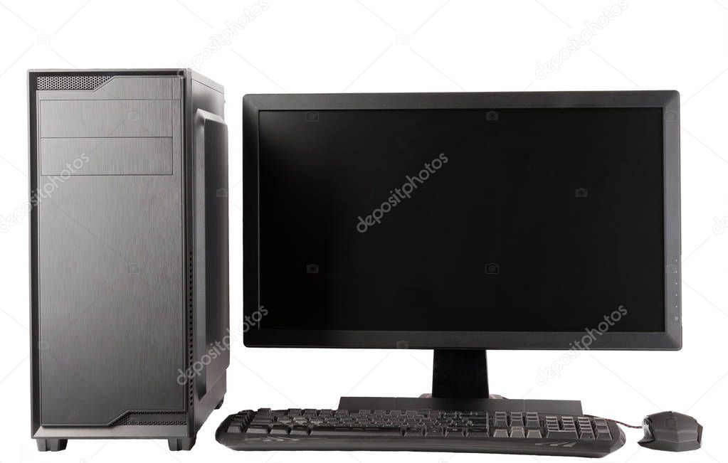 Midi tower computer case with led monitor on white background. 