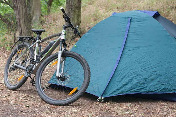 Mountainbike framför stängda tält i skogen på sommaren — Stockfoto