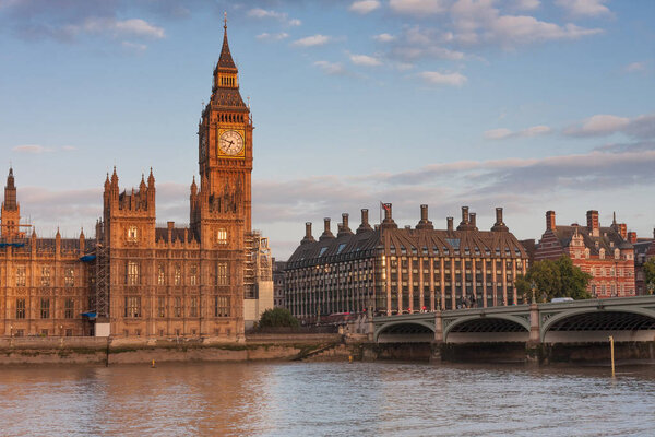 Westminster bridge, Big Ben and Palace of Westminster in the morning, London, England.