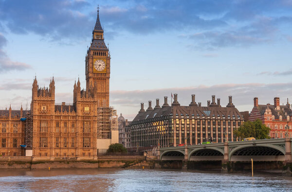 Westminster bridge, Big Ben and Palace of Westminster in the morning, London, England.