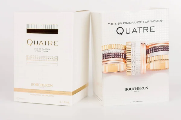 Boxes  of the new fragrance for women Quatre Boucheron — Stock Photo, Image