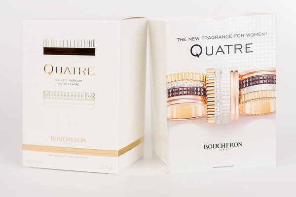 Boxes  of the new fragrance for women Quatre Boucheron