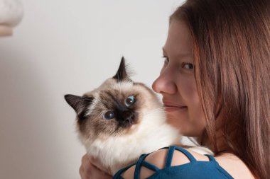 Genç kadın Birman kedisi sarılma
