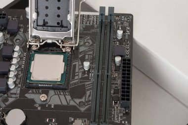 Modern, yeni anakart üzerinde yüklü Cpu işlemci yakın çekim
