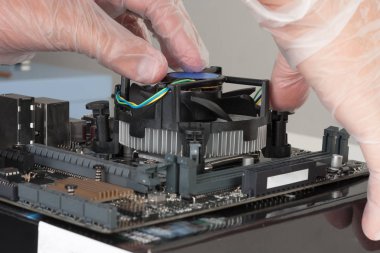 Adam el yeni, modern Cpu soğutucu fan yükleme yakın çekim  