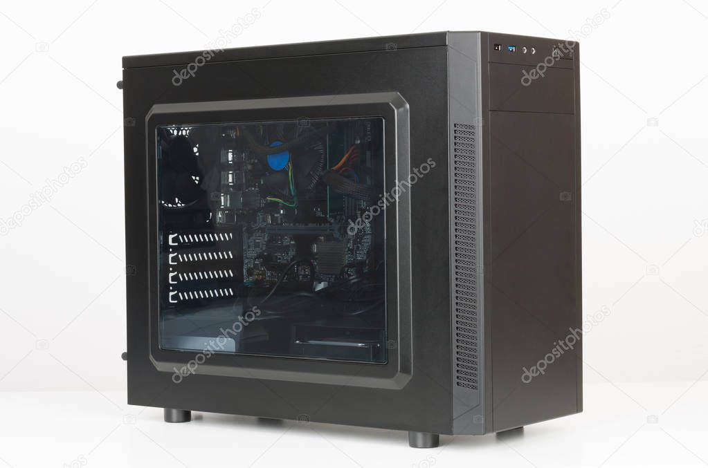 Midi tower computer case with transparent side panel on white ba