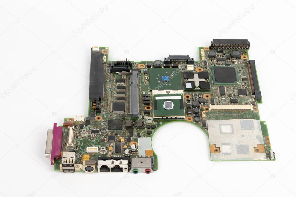 Close up of motherboard  laptop with USB , PS2, RJ-11, RJ-45, audio, microphone  port  on white background.