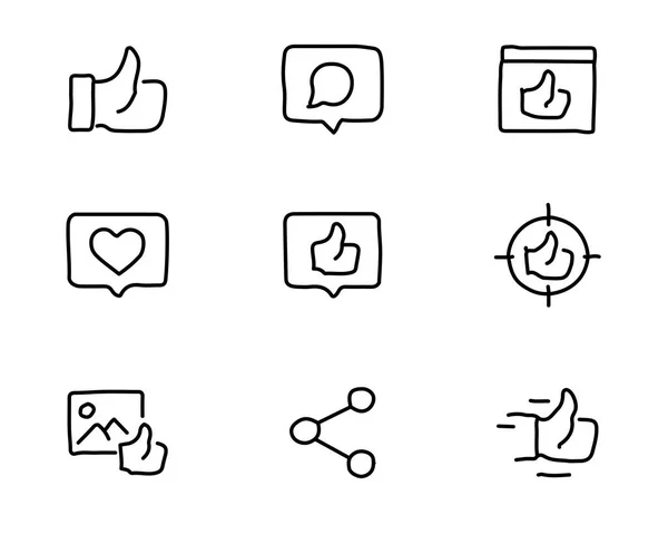 Redes sociales le gusta dibujado a mano icono conjunto diseño ilustración, diseño de estilo dibujado a mano, diseño web y aplicación — Vector de stock