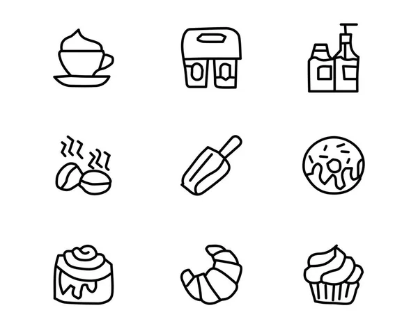 Ilustración de diseño de conjunto de iconos de café y pan, diseño de estilo dibujado a mano, diseño web y aplicación — Vector de stock