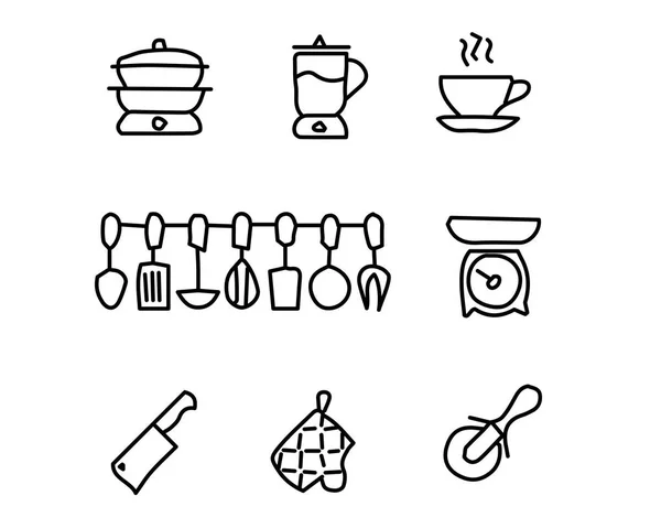 Cucina disegnato a mano icona set disegno illustrazione, disegno stile disegnato a mano, web progettato e app — Vettoriale Stock