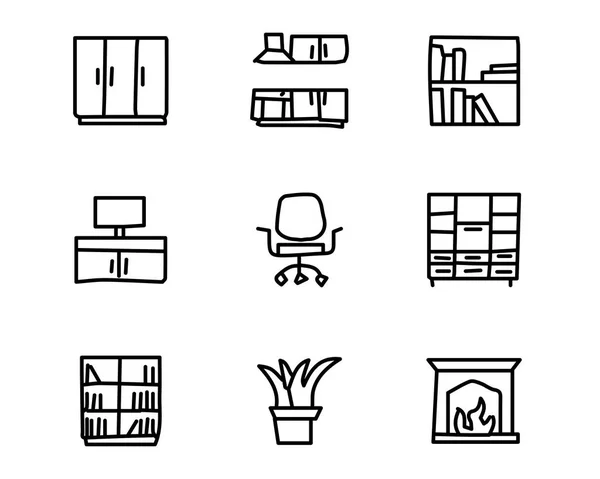 Muebles dibujado a mano icono conjunto diseño ilustración, diseño de estilo dibujado a mano, diseño web y aplicación — Vector de stock