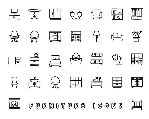 家具手描きアイコン設計図、線スタイル アイコン、アプリと web 用に設計されました。 — ストックベクタ