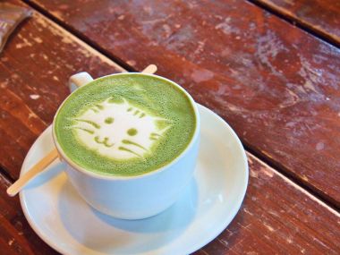 Matcha green tea latte with latte art 'Cat face'