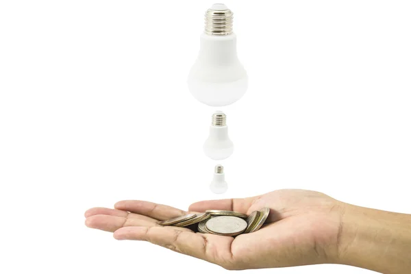 Konzept spart Geld durch den Einsatz von Energiesparlampen LED-Glühbirne — Stockfoto