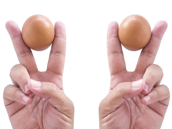 Duas Mãos Dois Dedos Com Captura Dois Ovos — Fotografia de Stock