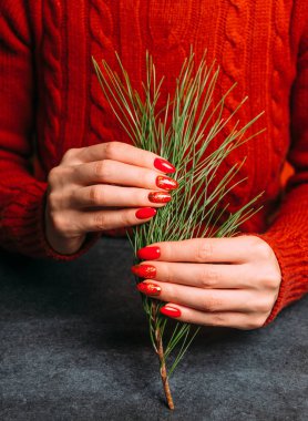 Kızıl manikürlü Noel ağacı dalını elinde tutan kadın.