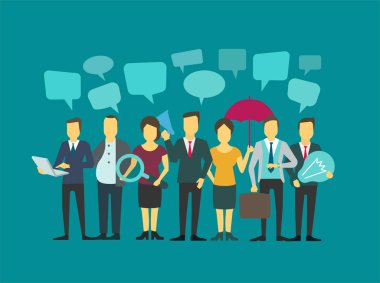 Grup insanlar iş ekip çalışması şirket. Konuşma beyin fırtınası. Konuşma balonları ile iletişim.