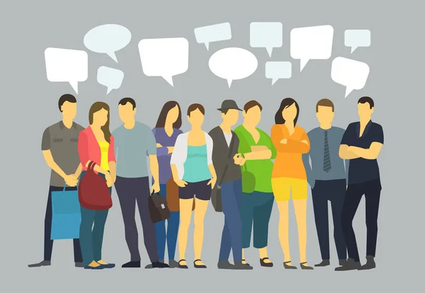 Many ordinary people crowd talking. Communication with speech bubbles. — Stock Vector