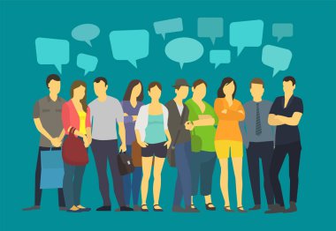 Topluluk çok sayıda sıradan insanların kalabalık konuşuyor. Konuşma balonları ile iletişim.