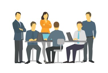 Altı kişinin iş insanlar office ekip çalışması toplantısında konuşuyor.