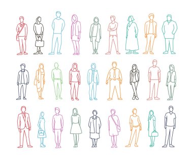 Serbest el çiziminin birçok farklı sıradan insanların ayarlayın. Yetişkin erkek ve kadın kişi.