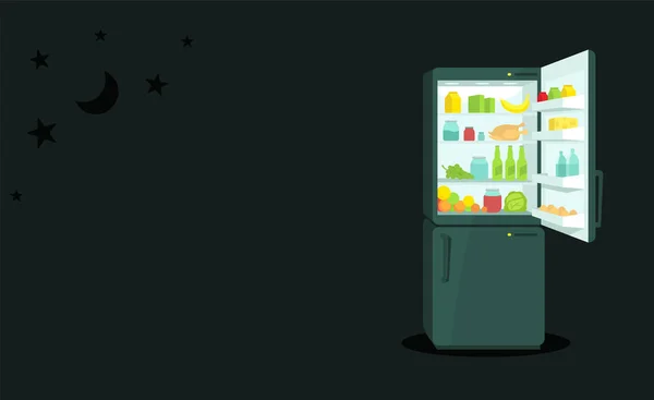 Gece yemek buzdolabı açık bir kapı. Ürün ve ev aletleri. Koyu arka plan — Stok Vektör