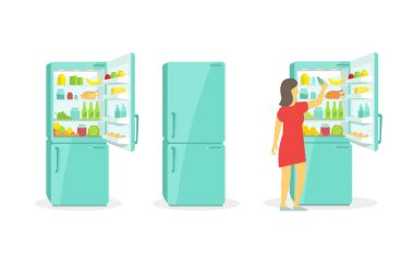 The woman takes in the fridge. Refrigerator. Products household appliances clipart