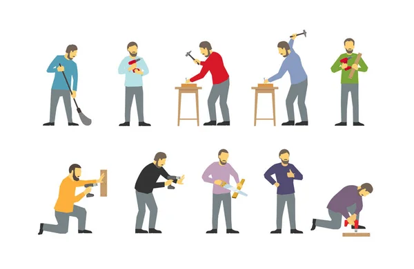 Set of men are different work-busy bearded locksmiths. Drills with drill. Hammered in with nails. Saws the tree. Tighten the screws. — Stock Vector