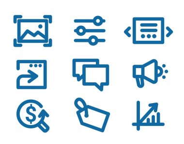 Internet pazarlama ve arayüzü elemanları üzerinde simgeler kümesi