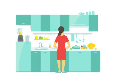 Mutfak hazırlık gıda yemekler ve sofra tencere yemek tablo ve mutfak dolapları bir kadında