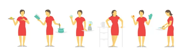 Una mujer conjunto de diferentes poses preparación de alimentos por prescripción. Platos y cacerola. Vestido rojo, hermosa chica delgada — Vector de stock