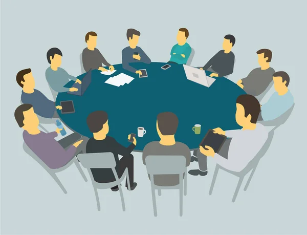 Round big table talks. Team business people meeting conference many people. — Stock Vector