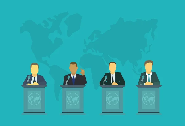 Deputies behind the podium. Politics events International Assembly, the policy of government nation president — Stock Vector