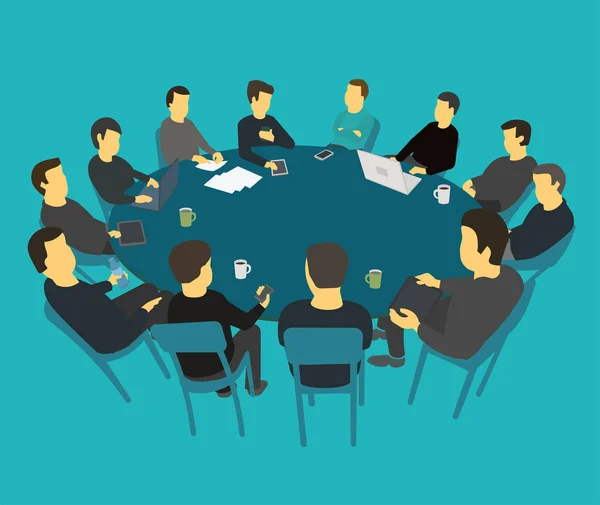 -Ronde grote tafel gesprekken brainstorm. Team mensen uit het bedrijfsleven conferentie veel mensen te ontmoeten. Blauwe achtergrond stock illustratie vector — Stockvector