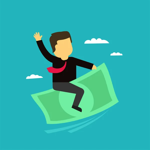 The businessman on money flies in the sky. Commercial profit success icon in the cartoon style. — Stock Vector