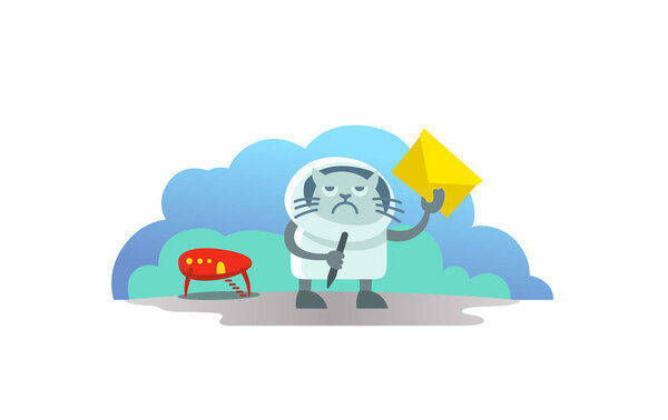 Alien cat in spacesuit arrived on rocket and brought letter postman. Funny news subscription email