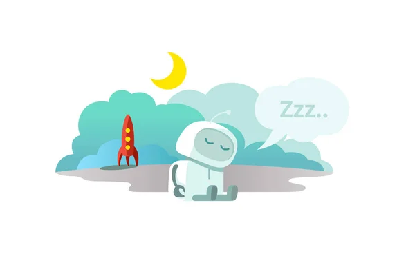 Alien Il robot è arrivato su un razzo e sta dormendo. Sleep mode Ibernazione seduta. Mtaphor - chiuso . — Vettoriale Stock