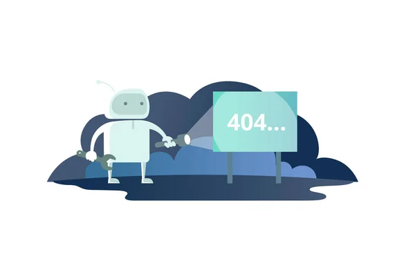 Éjszakai robot zseblámpát a hely jelzőtábla 404 hiba. aranyos illusztrációja a 404 nem található hiba oldal — Stock Vector