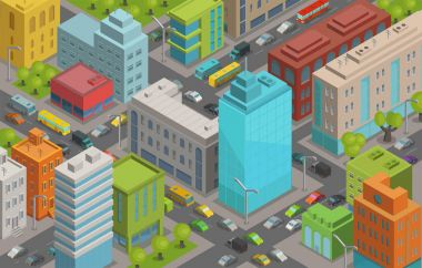 Bina şehir sokakları yollar ve trafik izometrik 3d vektör çizim şehir manzara, ana sayfa görünümü.