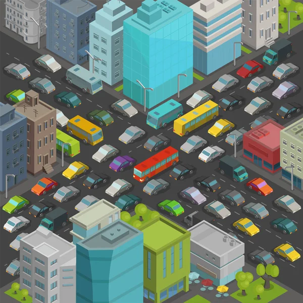 City street kruispunt files weg isometrische projectie weergave. Veel auto's eindigen gebouwen bovenaanzicht vectorillustratie — Stockvector