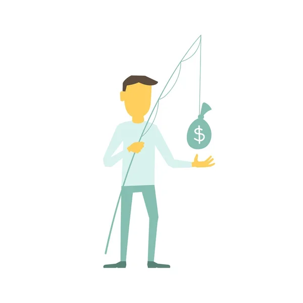 Businessman with a fishing rod caught bag of money. Illustration of a vector. — Stock Vector