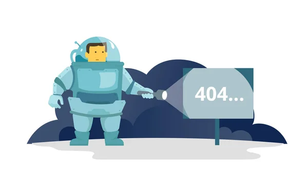 Cosmonaut with flashlight in space signboard 404 error. cute Illustration for error page 404 not found — Stock Vector