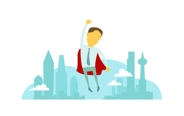 Superhero man businessman flies over the city with hand up. Success and victory. In tie and red cloak. Vector illustration. — Stock Vector