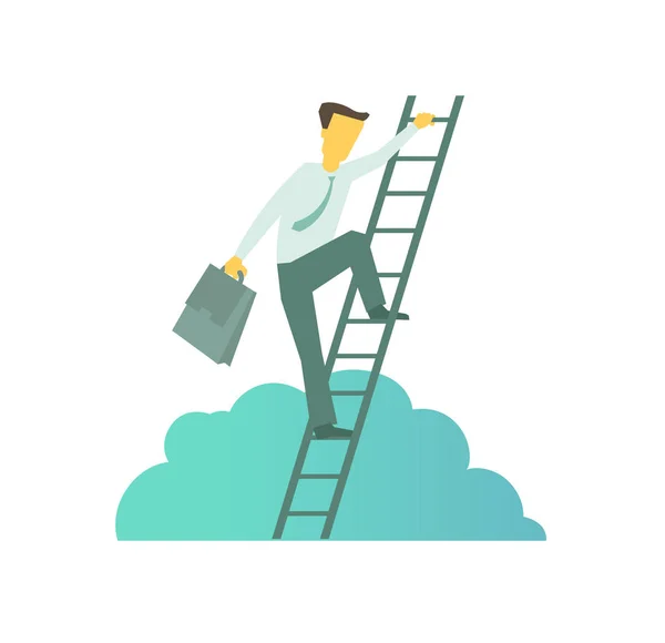 Επιχειρηματίας με χαρτοφύλακα σκαρφαλώνουμε σε μία σκάλα της επιτυχίας. Ανεβαίνει τις σκάλες επαγγελματίες αλληγορία ανοδική κίνηση — Διανυσματικό Αρχείο